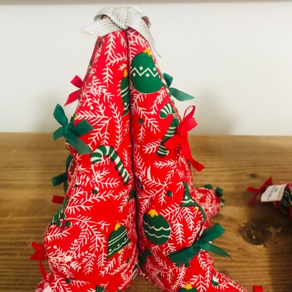 Two Vintage Quilted Fabric 8" Christmas Trees Bows Holiday Table Decor - Picture 4 of 11